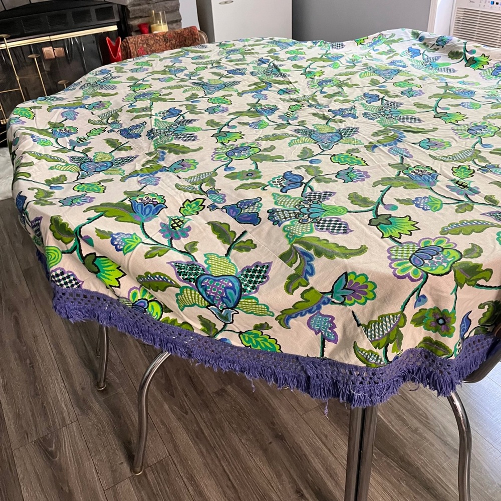 Vintage 70 Inch Round Tablecloth Psychedelic Floral Linen Blue Green Purple Trim